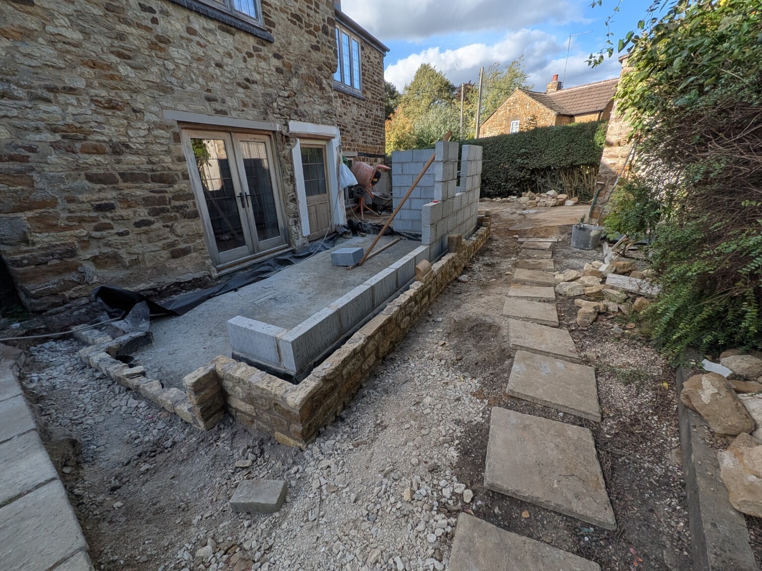 Blockwork inner leaf under construction at the Grimscote extension